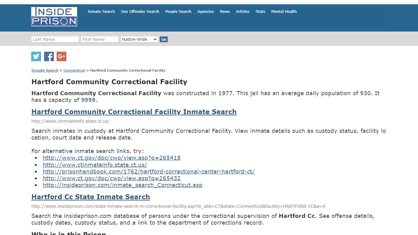 Hartford Community Correctional Facility - Inmate Search